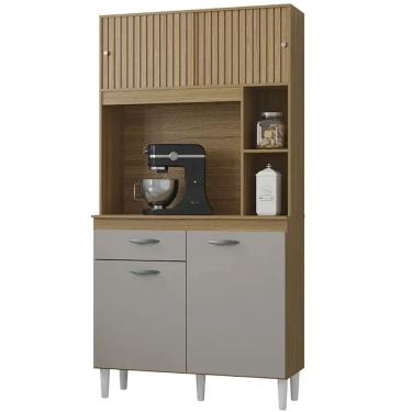 Imagem de Armário de Cozinha Duda 90cm 4 Portas 1 Gaveta Poquema Cor Damasco Off White Ripado 3D