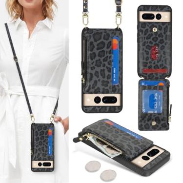 Imagem de Cavor Capa carteira compatível com Google Pixel 7 Pro, capa transversal para celular Pixel 7 Pro com alça, capa carteira para mulheres, bolso com zíper de couro, porta-cartões - leopardo preto