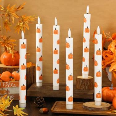 Imagem de Whaline 6 peças de velas de LED sem chama de abóbora de outono com controle remoto bonito outono abóbora operado por bateria vela elétrica caixa para festa casa mesa centro de mesa decoração