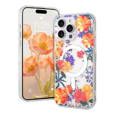 Imagem de AIGOMARA Capa magnética para iPhone 16 Pro [compatível com MagSafe] Design com estampa floral transparente, fina, antiamarelamento, à prova de choque, para mulheres e meninas, laranja