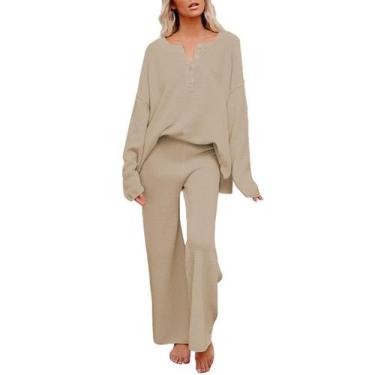 Imagem de Conjunto de roupas, blusa e calça de malha feminina Pink Queen, cáqui