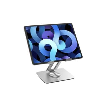 Imagem de AMET Suporte Grip Skypad para Tablet, Rotação de 360°, Elevação contínua, Compacto e dobrável, Hastes duplas, Ajuste de Altura, Liga de Alumínio + Silicone, Prata