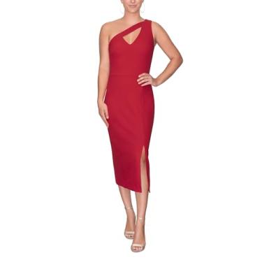 Imagem de RACHEL Rachel Roy Vestido feminino Lara de um ombro só, colado ao corpo, midi para coquetéis, Vermelho de corrida, M