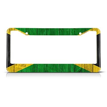 Imagem de Beabes Moldura de placa de carro com bandeira jamaicana, preta, amarela, verde, suporte para placas, fundo de madeira, molduras de metal de alumínio para mulheres e homens, decoração automotiva