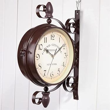 Imagem de Relógio de parede, relógio simples de arte, relógio de parede frente e verso, relógio de estação de trem de jardim interior e exterior de dupla face, aparência antiga vintage montada na parede