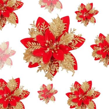 Imagem de 10 peças de flores artificiais de Natal com clipes de haste, decoração de árvore de Natal, poinsétias com glitter, flor sintética para guirlanda de guirlanda de ano novo, enfeites de festa de