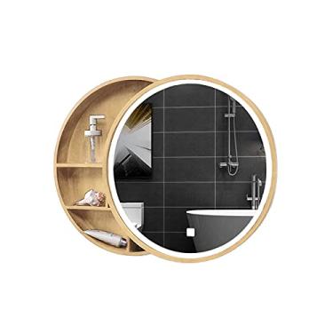 Imagem de AKALNNB Armário de espelho de LED com interruptor de toque, espelho de parede redondo de madeira, prateleira decorativa moderna, 3 camadas, espelho de banheiro, espelho de banheiro