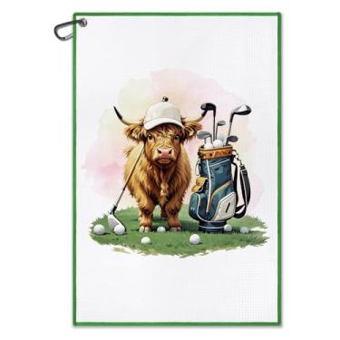 Imagem de DYJYBMY Highland Cow Toalha de golfe impressa engraçada com clipe, acessórios de golfe de vaca fofa para homens e mulheres, presentes de golfe para família, pai, amigo, mãe, Natal, aniversário, Ação