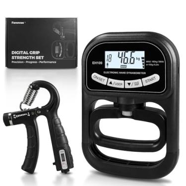 Imagem de Fanovae Conjunto de testador e treinador digital de força de aderência – Dinamômetro de mão LCD com memória de 19 usuários, USB ou bateria + exercitador eletrônico com redefinição de 1 toque