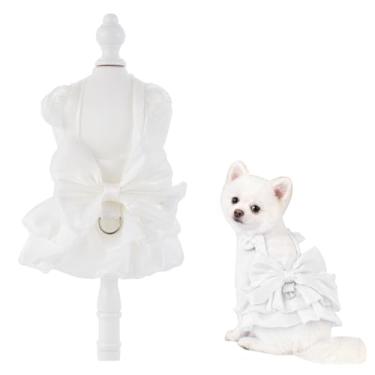 Imagem de Vestidos de princesa para cães, saia de aniversário, cor sólida, roupas para cães com laço grande, roupas para filhotes de cachorro e meninas para cães pequenos (branco, médio)