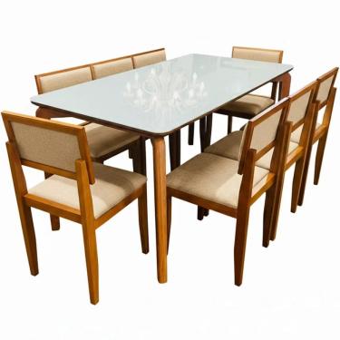 Imagem de Mesa de Jantar Veneza 180x90cm com 8 Cadeiras Santorini Estofadas Madeira Tecido Linho Minas Plac Cor Cinamomo Off White