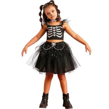 Imagem de Fantasia Caveira Infantil Adolescente Halloween Menina Luxo 6 a 16 ano