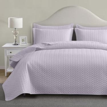 Imagem de Maple&Stone Conjunto de colcha roxa lilás tamanho queen, colcha leve com estampa de Chevron ultrassônico para todas as estações, edredom para decoração de cama de casal com 3 peças