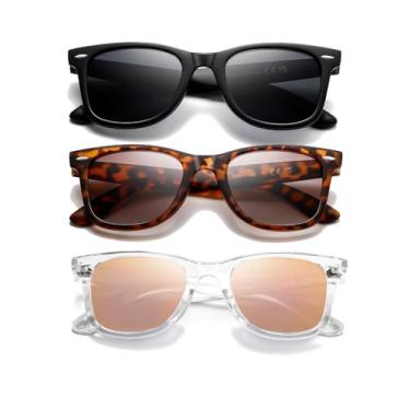 Imagem de (Pacote com 3) Óculos de sol retrô para mulheres e homens, lentes espelhadas clássicas para dirigir óculos de sol modernos, Preto cinza + carapaça de tartaruga marrom + rosa transparente