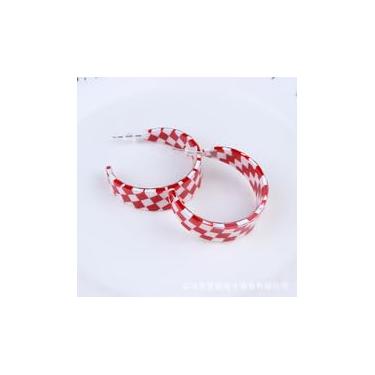 Imagem de Brincos de argola com padrão de tabuleiro de xadrez vermelho e branco geométrico exagerado em forma de C para mulheres, presentes de aniversário de dia dos namorados