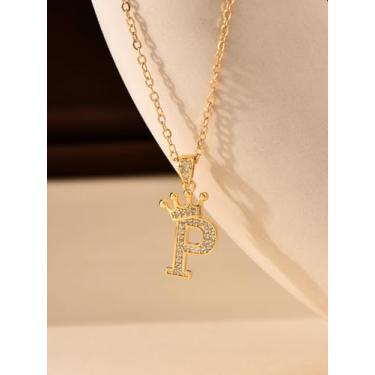 Imagem de 1 colar de coroa de diamante banhado a prata com letra A-Z para mulheres, joia fina, presente para mamãe, 40+6cm, Cobre, Sem Pedra Preciosa