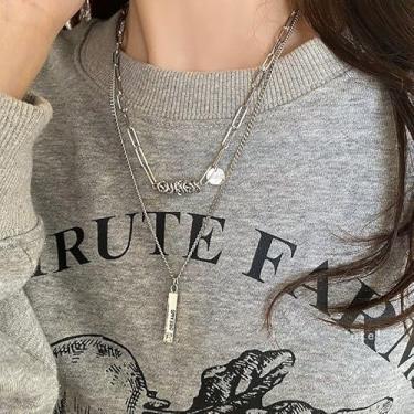 Imagem de Colares elegantes de barra quadrada de camada dupla para mulheres, colares com pingente de moeda pessoal, joias em camadas delicadas, acessórios de suéter ajustáveis para presente de Natal