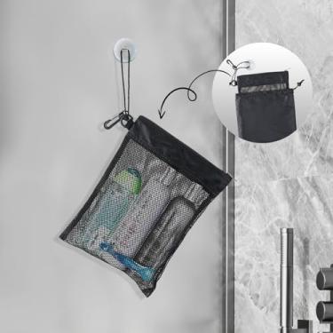 Imagem de Bolsa de banho preta para homens e mulheres, inclui bolso de malha com ventosa e cordão para pendurar, bolsa com cordão, para viagens/academia