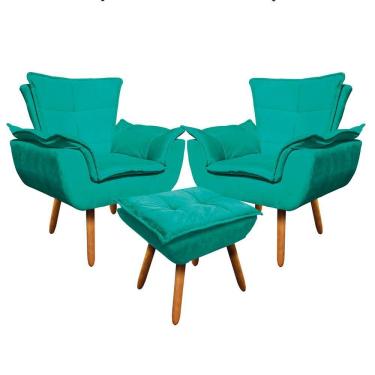 Imagem de Kit 02 Poltronas Opala Com 01 Puff Opala Suede Pés Palito Castanho DRossi Verde Turquesa