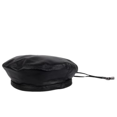 Imagem de Boina feminina de couro genuíno Europa/América, retrô, ajustada, chapéu pintor, mujer, gorro preto 1 54-55 cm