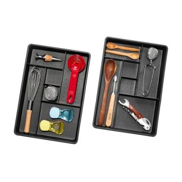 Imagem de Madesmart Conjunto de 2 bandejas organizadoras de gaveta de plástico com 6 compartimentos, caixas de armazenamento multiuso para gavetas, granito, 27 x 19 x 6,6 cm
