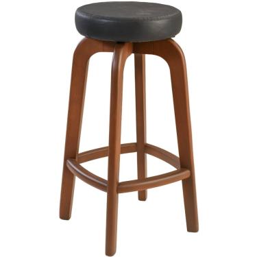 Imagem de Banqueta Banco Alto Bar Em Madeira Maciça Castanho Assento Redondo Corino Preto