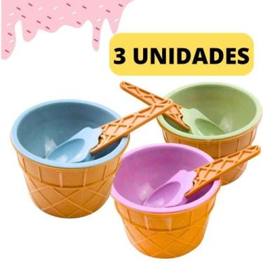 Imagem de Kit 3 Potes de Sobremesas Casquinha de Sorvete Tigelas Com 3 Colheres 
