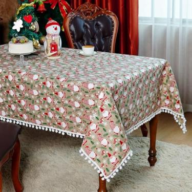 Imagem de SUTAVIA Toalha de mesa de Natal de tecido vermelho, boho, pompom, borla, árvore verde, brilhante, decoração retangular, capa de mesa para mesa de jantar de festa de inverno (Papai Noel, 152 x 304 cm)