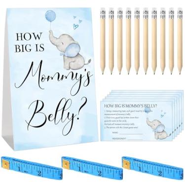 Imagem de Sabary 64 peças de jogos de chá de bebê incluem o tamanho do sinal de barriga da mamãe, 50 cartas, 10 lápis, 3 fitas métricas para chá de bebê, artigos de festa revelação de gênero (elefante azul)