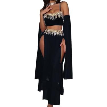 Imagem de Panegy Women Exotic Belly Dancer Costume Set Carnival High Slit Mesh Skirt Adjustable Strap Crop Top Lingerie Outfit Costume Black M