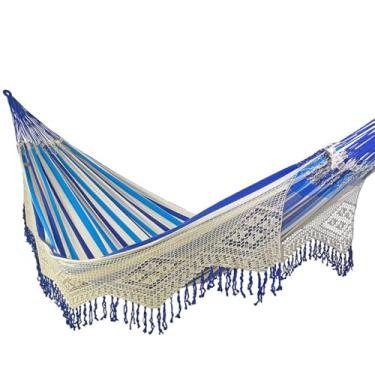 Imagem de Rede de Dormir e Descanso Duquesa Casal Extra Varanda Crochê 100% Algodão Jaguaruana. (Azul e Bege)