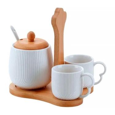 Imagem de Conjunto xícara café e açucareiro base madeira 3 pçs oasis - Hauskraft
