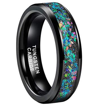 Imagem de TUTISS Anéis de tungstênio prateado/preto de 6 mm, 8 mm, para homens e mulheres, casal, galáxia, opala genuína, embutida, joias modernas, noivado, alianças de casamento, chanfradas, polidas,