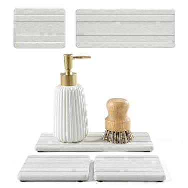 Imagem de Pacote com 3 bandejas de pia de pedra de diatomita, tapete absorvente de água para balcão de cozinha e banheiro, saboneteira de secagem rápida, organizador de esponja, bege - 2 peças de 11,4 cm x 9 cm