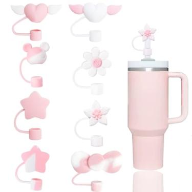 Imagem de Capas de canudo rosa compatíveis com copos Stanley de 30 e 1,134 g, protetores de pontas reutilizáveis e fofos de silicone para copos Stanley de 10 mm - 8 peças