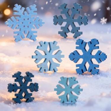 Imagem de Culudea 6 peças de decoração de mesa de floco de neve azul interior, decorações de Natal em pé de madeira rústica estatueta de inverno bandeja em camadas, mesa de centro de mesa para casa, cozinha