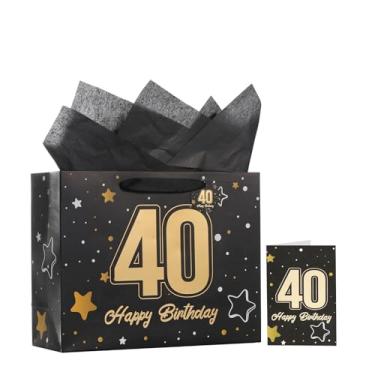 Imagem de Saco de presente de aniversário de 40 anos preto de 33 cm com lenços e cartões, adequado para festas de aniversário e comemorações de aniversário. Saco de presente de tamanho médio (1 peça preta)