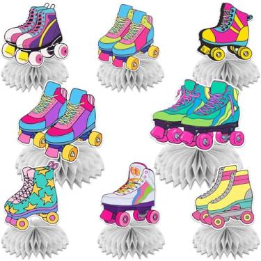 Imagem de Patins de patins centro de mesa retrô hip hop patins tema decoração para meninas adolescentes chá de bebê neon arco-íris brilho festa patins suprimentos de festa patins decorações de festa de