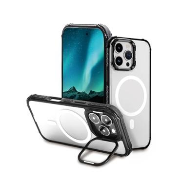 Imagem de Capa BeYourSanta para iPhone 16 de 6,1 polegadas, compatível com MagSafe, capa traseira transparente com suporte, proteção à prova de choque, moldura preta (iPhone 16 Pro)