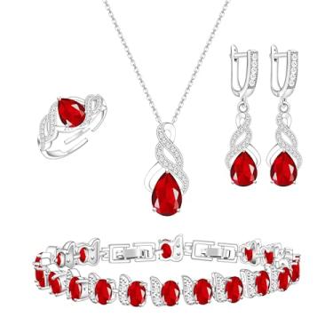Imagem de LMXXVJ Conjunto de joias para mulheres, colar de zircônia cúbica em gota, brincos, anel ajustável, conjunto de joias, joias formais, presente, Cobre, Rubi sintético