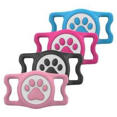 Imagem de ilFindYou Pacote com 4 IP68 à prova d'água, compatível com suporte de coleira de cachorro Air Tag, suporte de silicone para Apple Air Tag (preto, rosa, azul e rosered)