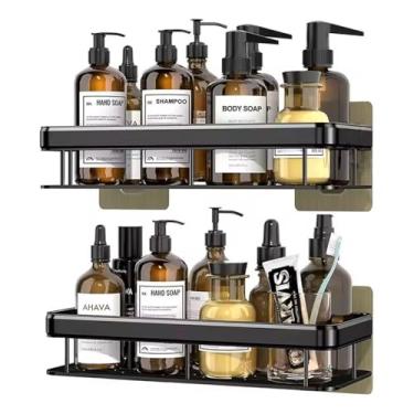 Imagem de Prateleira Banheiro, Kit Suporte Duplo Porta Shampoo Sabonete Box Banheiro Fixação Adesivo Parede Preto