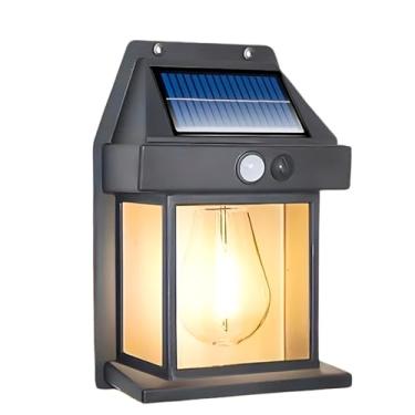Imagem de Luminária Solar de Parede Externa, LED com Sensor de Movimento, Estilo Vintage, Acabamento em Preto, Luz Quente