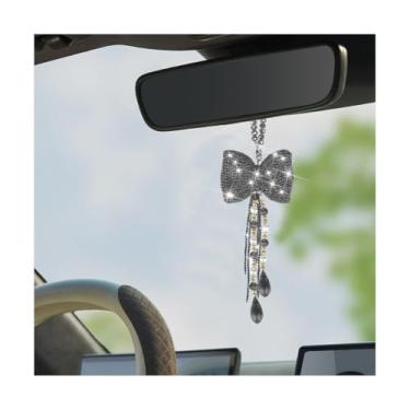 Imagem de Sandfren Pingente de espelho retrovisor de carro com laço brilhante, enfeite para pendurar espelho retrovisor de veículo com strass de cristal fofo, pingentes de decoração de interiores automotivos de