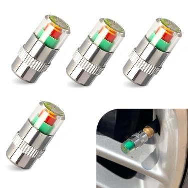 Imagem de Dogary 4 PCS Tampa da haste da válvula do monitor de pressão do pneu, indicador de pressão do pneu de 2,5 bar, alerta ocular de 3 cores, para a maioria dos carros (prata)