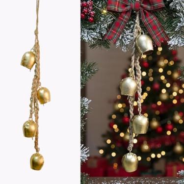 Imagem de Sinos de vaca de metal rústico em corda de juta – Sinos pendurados artesanais para casa, jardim, porta e decoração festiva (conjunto de 4, acabamento dourado)