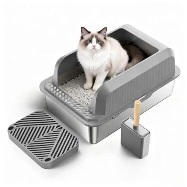 Imagem de RUBLELITIE Caixa de areia para gatos de aço inoxidável com tampa Bandeja de metal extragrande com laterais altas fechadas para gatos grandes multigato, XL antiaderente antivazamento fácil de limpar