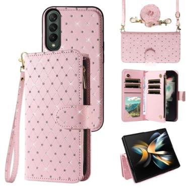 Imagem de Compatível com Samsung Galaxy Z Fold 4 5G 2022 capa carteira com zíper celular alça transversal com glitter flip porta-cartão slot capa de telefone para ZFold4 Z4 Fold4 ZFold 4Z ZFold45G feminino ouro