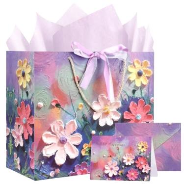 Imagem de Conjunto grande de bolsa de presente com desenho floral de pintura a óleo de 35 cm com cartão comemorativo, 2 papéis de seda e fita para comemorar aniversário, Natal, chá de bebê, festa infantil e