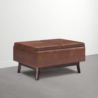 Imagem de SIMPLIHOME Owen – Mesa de centro otomana retangular de madeira maciça estofada de 86 cm de largura em marrom noz-pecã envelhecido, otomano moderno de meados do século para sala de estar com bandeja